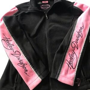 Harley-Davidson zip Black and Pink Jacket XL. Stylish with logos on sleeves.